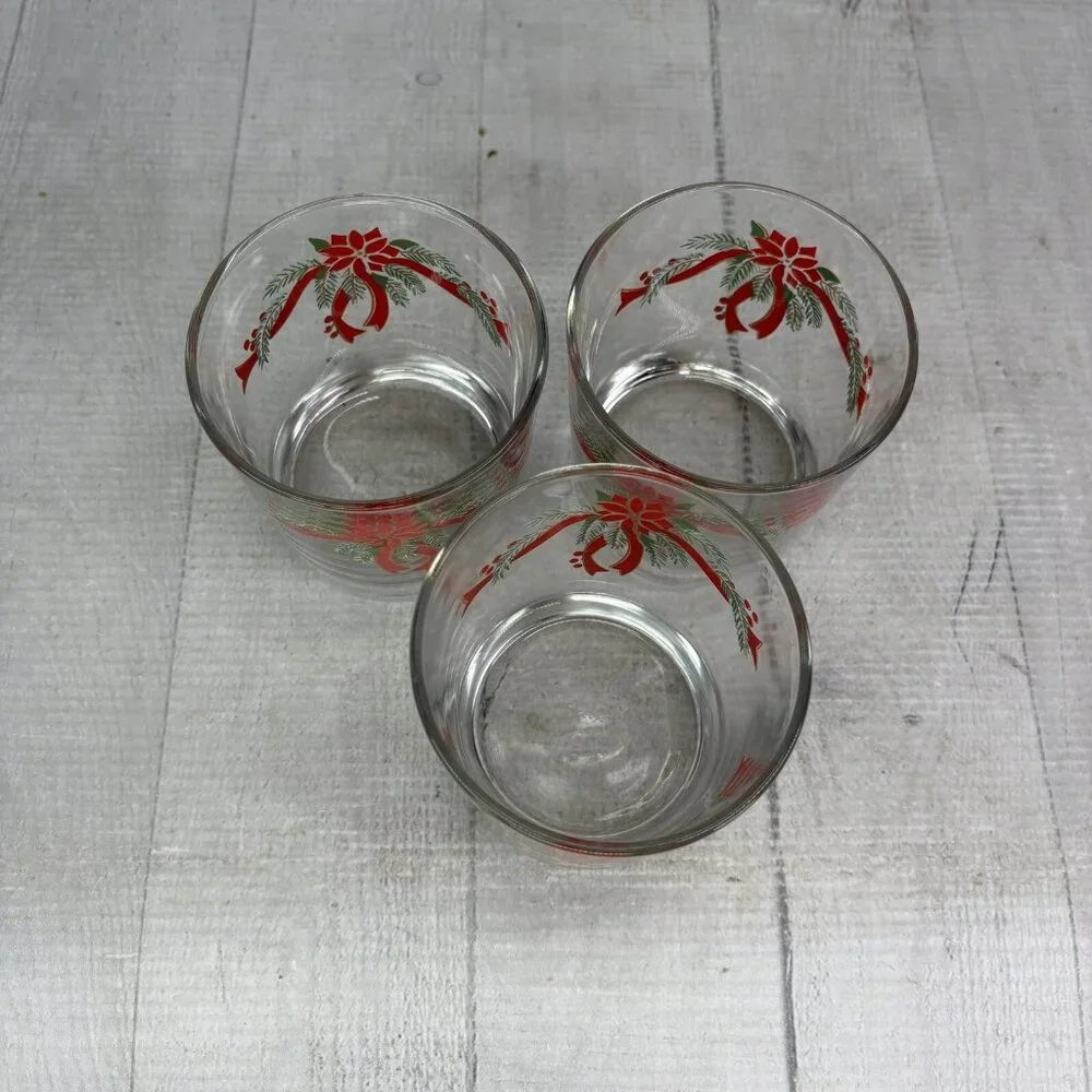 Anchor Hocking POINSETTIA & RIBBONS 89524 Rocks 9oz Whiskey Glasses Set 3 NEW